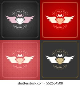 Happy Valentines Day Greeting Cards or Posters Set Vector illustration. Retro typography design and texture background. Heart shape symbol and elements, Love Concept.