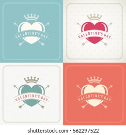 Happy Valentines Day Greeting Cards or Posters Set Vector illustration. Retro typography design and texture background. Heart shape symbol and elements, Love Concept.