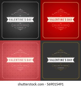 Happy Valentines Day Greeting Cards or Posters Set Vector illustration. Retro typography design and texture background. Heart shape symbol and elements, Love Concept.