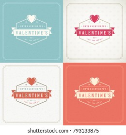 Happy Valentines Day Greeting Cards or Posters Set Vector illustration. Retro typography design and texture background. Heart shape symbol and elements, Love Concept.