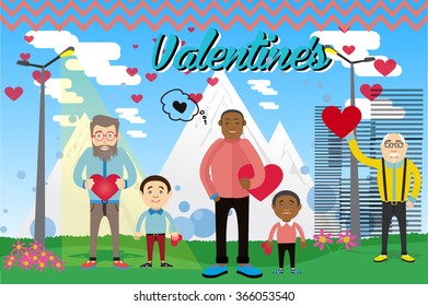Happy Valentines day greeting card.Vector illustration. Postcard on Valentine's Day with the characters. For greeting card, poster, menu, party invitation, social media, banners, gift wrapping paper.