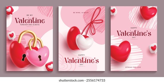 Happy valentine's day greeting clipart poster set. Valentines invitation card with couple balloons, lock and key decoration elements in abstract background collection. Vector illustration hearts day 