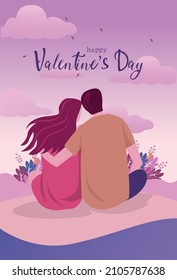 happy valentines day greeting with couple sitting back view. vector illustration design