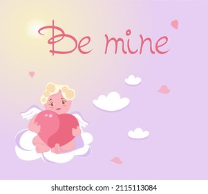 Happy Valentine's Day greeting. Cute baby Cupid isolated on sky background. Be my Valentine card. Flat Art vector Illustration.