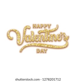 Happy Valentine's day greeting design hand drawn lettering retro luxury style with glitter gold touch. Elegant golden colors vector illustration.