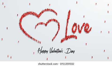 Happy Valentines Day Greeting Design. A large group of people in the red form to create heart and love shape. vector Illustration.