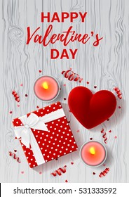 Happy Valentine's Day greeting flyer. Top view on romantic composition with gift box and red case for ring. Beautiful backdrop with card and candles on wooden texture. Vector illustration.