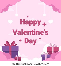 Happy Valentine's Day greeting with gift boxes and pink clouds