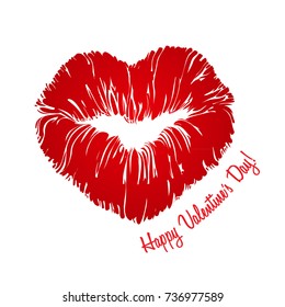 Happy Valentine`s Day greeting with heart shaped red lipstick kiss print - vector illustration isolated on white