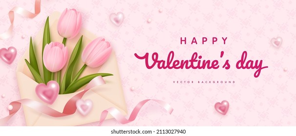 Happy valentines day greeting horizontal banner with realistic envelope and tulips. Vector illustration