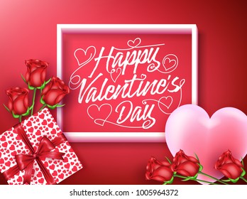 Happy Valentines Day Greeting Inside the Frame with Heart, Gift and Flowers in Red Background. Vector Illustration.
