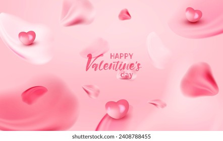 Happy Valentine's Day. Greeting love card on pink background with 3d hearts and blur petals 14 February holiday illustration.
