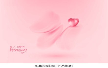 Happy Valentine's Day. Greeting love card on pink background with 3d heart and blur petals. 14 February holiday illustration.
