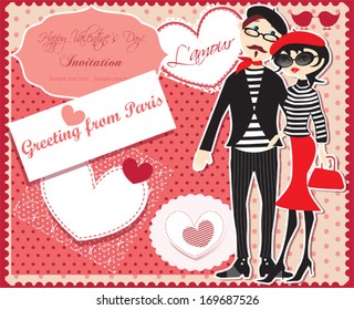 Happy Valentine's Day, greeting from Paris, french couple and bunch of love labels