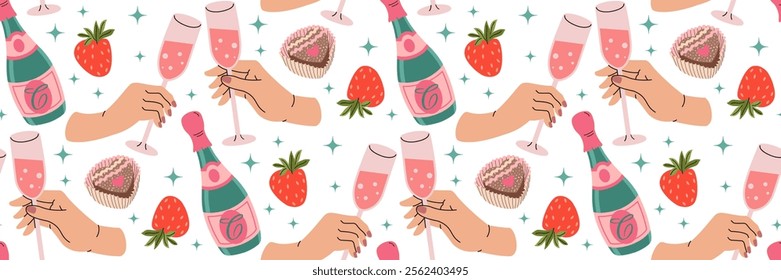 Happy Valentine's Day Greeting pattern. Two hands clink glasses of champagne. Strawberries and heart-shaped chocolates candy. Romantic pink background. For packaging, wallpaper. Vector illustration.