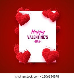 Happy Valentines Day greeting postcard. A pink heart made of small hearts. Vector illustration