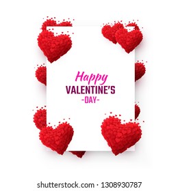 Happy Valentines Day greeting postcard. A pink heart made of small hearts. Vector illustration