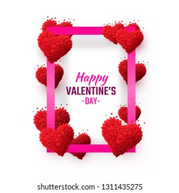 Happy Valentines Day greeting postcard. A pink heart made of small hearts. Vector illustration