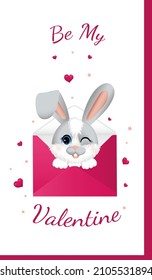 Happy Valentine's Day. Greeting postcard with pink hearts and little rabbit (hare), winks looking out of the envelope.