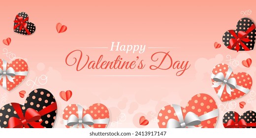 Happy Valentine's Day greeting postcard with heart shaped gift boxes and hearts