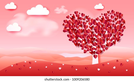 Happy Valentines Day greeting poster, hearts shapes, tree, nature landscape, abstract pink and red background, vector illustration, Paper Art style.