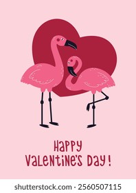 Happy valentine's day greeting poster with pink flamingos and heart.