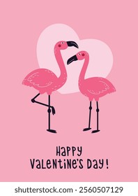 Happy valentine's day greeting poster with pink flamingos and heart.Template of corporate greeting card, banner or poster for valentine's day.