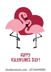 Happy valentine's day greeting poster with pink flamingos and heart.	