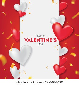 Happy Valentine's Day Greeting. Red and White Hearts on Red and White Background with Gold Confetti Vector Design.