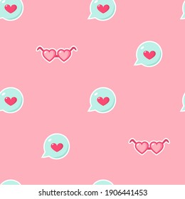 Happy valentines day greeting seamless pattern with heart - shaped glasses and talking bubble on pink background. Vector illustration.