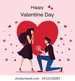 happy valentines day greeting template, man proposing to girl illustration