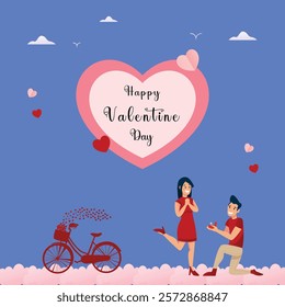 happy valentines day greeting template, man proposing to girl illustration