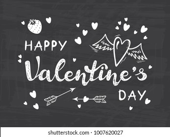 Happy Valentine's day greeting Vector card with calligraphy lettering and Love Symbols. Hand drawn Doodle Heart with Wings, Strawberry, Cupid's Arrows