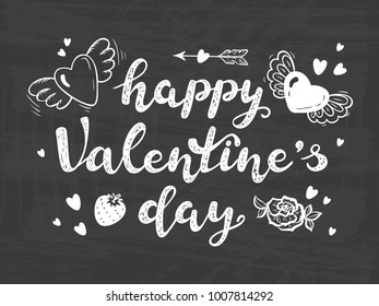 Happy Valentine's day greeting Vector card with calligraphy lettering and Love Symbols. Hand drawn Doodle Hearts with Wings, Strawberry, Cupid's Arrows, rose flower