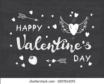 Happy Valentine's day greeting Vector card with calligraphy lettering and Love Symbols. Hand drawn Doodle Heart with Wings, Strawberry, Cupid's Arrows