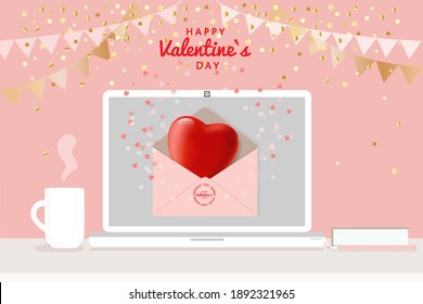 Happy Valentines Day Greeting Vector Banner With 3d Heart In Pink Envelope Emailing At Laptop Screen. Online Dating During Coronavirus Covid-19 Quarantine. Festive Design In White, Gold, Pink Colors