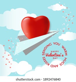 Happy Valentine`s Day greeting vector card with paper airplane flying in the cloud sky, red 3d heart on it. Sending you warm hugs and kisses, quote. Distance relationship during quarantine concept 