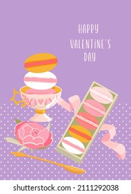 Happy Valentine's Day greeting vector card with macaroons, peony flower and spoon. Violet background. Flat style illustration