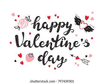 Happy Valentine's day greeting Vector card with calligraphy lettering and Love Symbols. Hand drawn Doodle Heart with Wings, Strawberry, Cupid's Arrow, rose flower