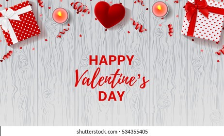 Happy Valentine's Day greeting web banner. Top view on romantic composition with gift boxes and red case for ring. Beautiful backdrop with candles on wooden texture. Vector illustration.