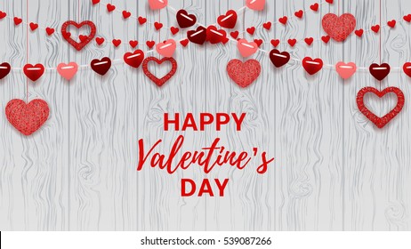 Happy Valentine's Day greeting web banner. Romantic composition with garlands from paper. Beautiful backdrop with heart from threads on wooden texture. Vector illustration.