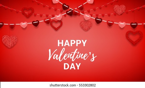 Happy Valentine's Day greeting web banner. Romantic composition with garlands from paper. Beautiful backdrop with heart from threads. Vector illustration.