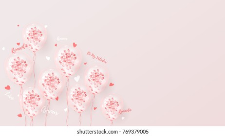 Happy Valentine's Day Greeting Web Banner. Beautiful Background with Realistic Transparent Pink Air Balloons with Confetti. Vector Illustration.