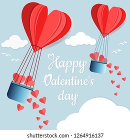 Happy valentines day greetings card with paper cut heart shape flying hot air balloon.