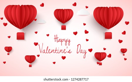 Happy valentines day greetings card with paper cut heart shape flying balloon and hearts 