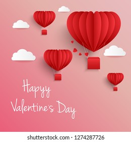 Happy valentines day greetings card with paper cut heart shape flying balloon and hearts 