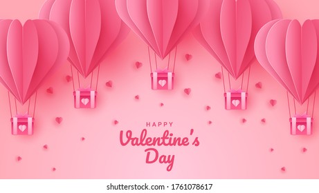 Happy valentines day greetings card with realistic paper cut heart shape flying hot air balloon in red background