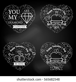Happy Valentines Day greetings card, labels, badges, or tattoo on the chalkboard. Thin line icon. Vector illustration.