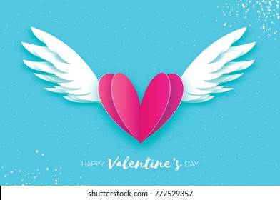 Happy Valentine's Day Greetings card. Origami angel wings and romantic pink heart. Love. Winged heart in paper cut style. Blue sky background.