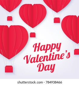 Happy Valentine's Day Greetings Card with Paper Cut Heart Shape Flying Hot Air Balloon